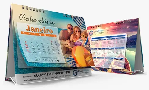 Calendário de Mesa 2026 com Wire-O com base personalizada | 17x20cm | 6 Lâminas - 4/4 (mín 120 und)
