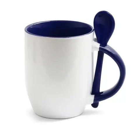 Caneca porcelana c/ colher interior e alça coloridos - 325 ml